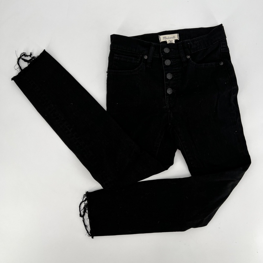 Madewell 9" Mid-Rise‎ Skinny Jeans Black Raw Hem Exposed Button Fly Size 25